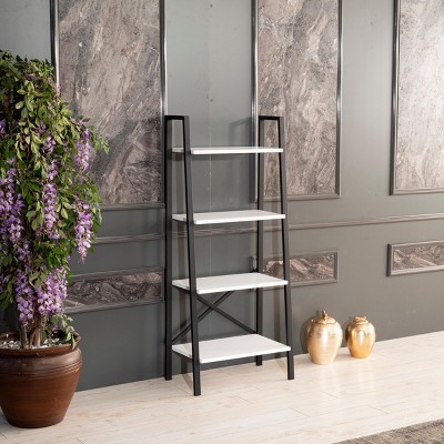 INFURNIC Decorative Bookshelf 5 Tier Ladder Shelf Office Furniture Bookcase Modern Metal Frame Storage, White, 13"*23"*52"