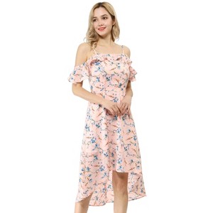Allegra K Women's Spaghetti Straps Ruffled Sleeves Asymmetrical High Low Floral Midi Sundresses - 1 of 4