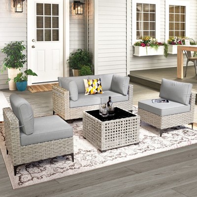XIZZI 5PCS Furniture Set, Rattan Modular Sectional Sofa, Outside Coversation Set with Solar Coffee Table for Porch Balcony Backyard Poolside