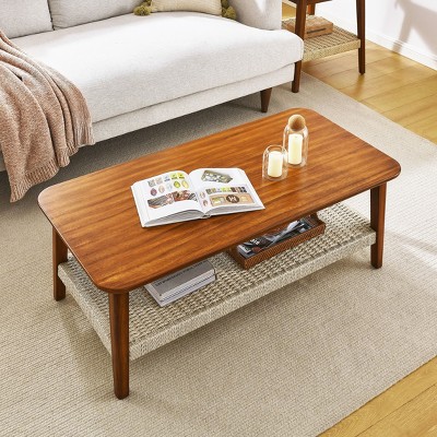 NicBex Natural Mid-Century Coffee Table with Storage Woven Shelf,Low Rectangle Tea Table,Center Table for Livng Room