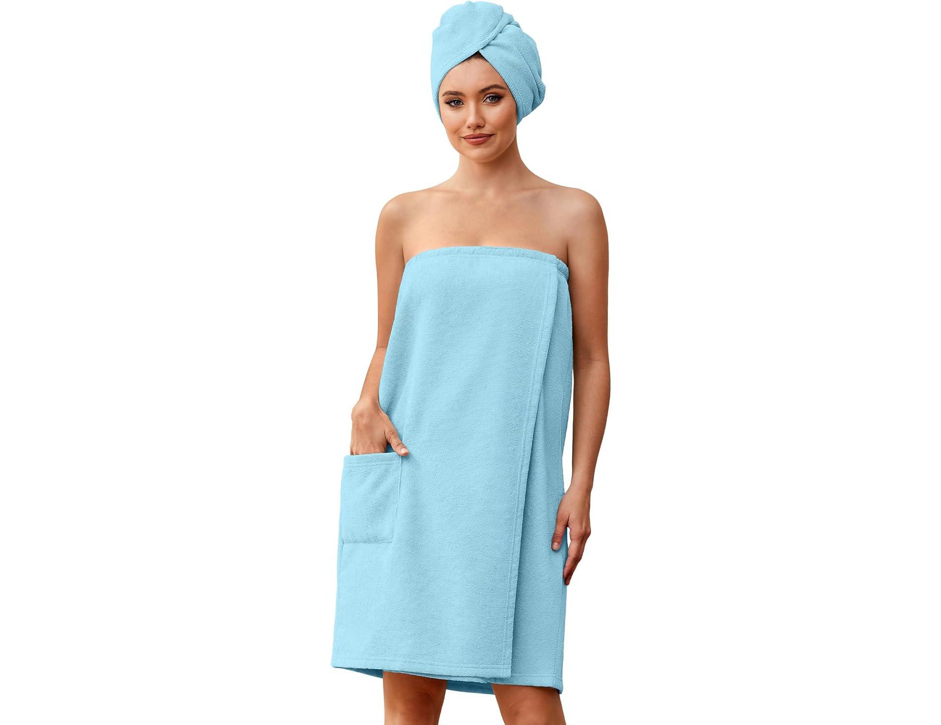 Ekouaer Towel Wrap for Women with Hair Towel Lightweight Knee Length Spa Body Bath Adjustable Closure Bathrobe with Pocket