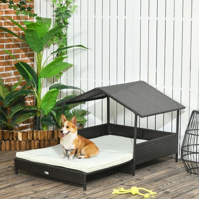Outdoor Black Wicker Dog Sofa Bed with Waterproof Roof