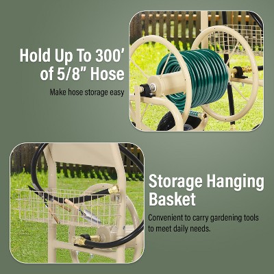 Tan Heavy Duty Metal Outdoor Hose Reel Cart with Storage Basket