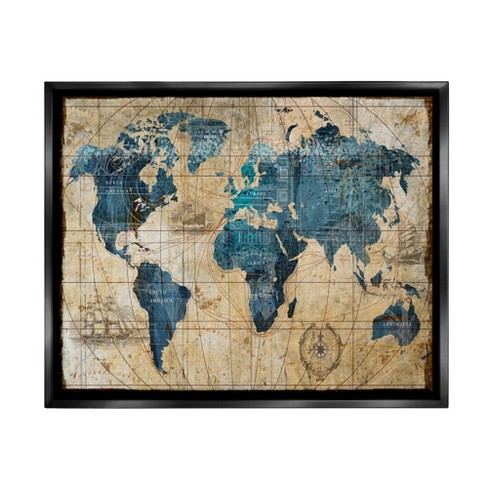 Stupell Industries Vintage Abstract World Map Design Black Floater ...