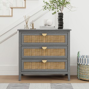 Lyngins American Style Rattan 3-Drawer Storage Cabinet, Natural Rattan Hollow Design Sideboard Cabinet, Solid Wood Veneer Buffet Cabinet,Non-Slip Pads - 1 of 4