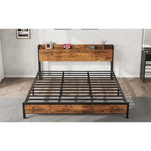 King Bed Frame with Bedside Charging Station - 2 USB Ports & 2 AC Outlets, Metal Frame w/ Wood Headboard/Footboard (Brown,No Box Spring) - 1 of 4