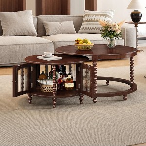 Kumasinova Vintage Round Nesting Coffee Table with 6 Bamboo Glass Doors,31.5" Retro Side Table with Beaded Legs,Center Table for Living Room Furniture - 1 of 4