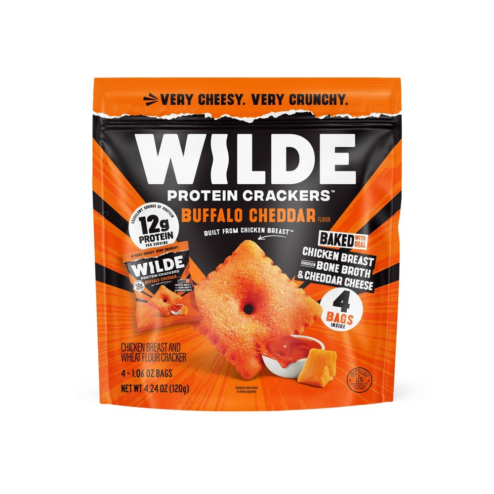 WILDE 12g Protein Crackers - Buffalo Cheddar - 4ct: Ready to Eat, Net Weight 4.24 oz