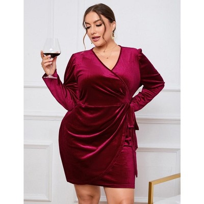 YesFashion Womens Plus Size Long Sleeve Velvet Mini Dress Wrap V Neck Ruched Bodycon Cocktail Party Club Dress