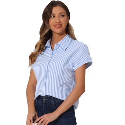 INSPIRE CHIC Women's Striped Button Down Turndown Collar Cotton Casual Cap Sleeve Blouse