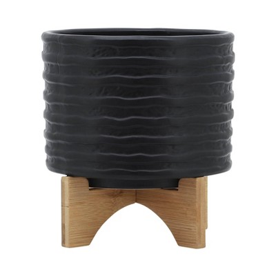 Sagebrook Home Textured Round Ceramic Planter Pot with Wood Stand