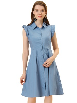 Allegra K Women's Cotton Ruffled Cap Sleeve Tie Waist Button Casual Office Shirt Dress