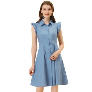 Allegra K Women's Cotton Ruffled Cap Sleeve Tie Waist Button Casual Office Shirt Dress - 1 of 4