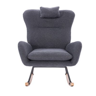 GlasFlength Accent Chairs Plush Teddy Fabric Rocking Chair with Ergonomic Backrest for Nursery Living Room, Black, 25.19"*34.25"*36.22"