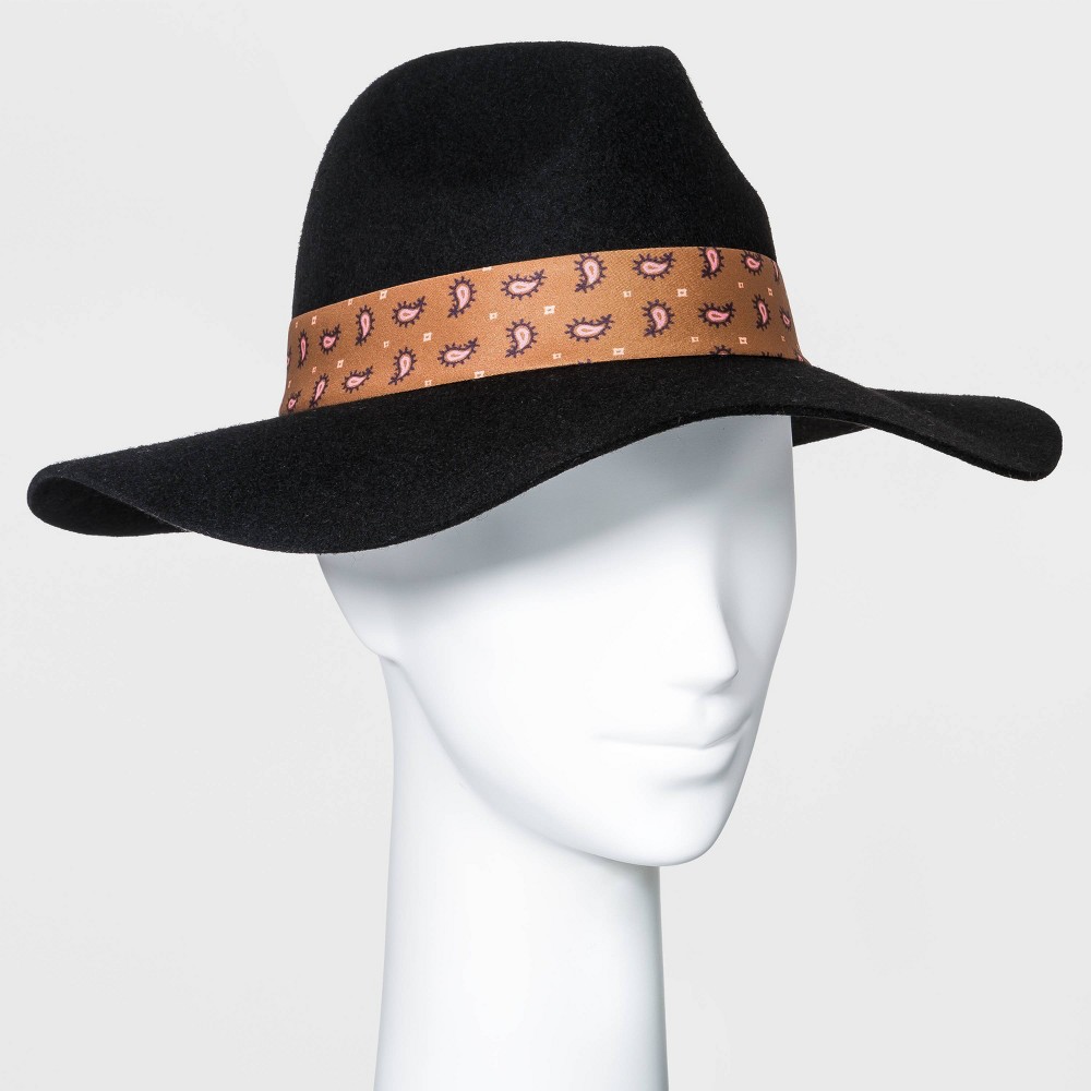 Women's Wide Brim Fedora Hat with Scarf Band Black