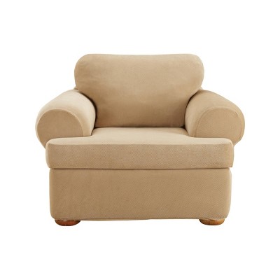 3pc Stretch Pique T Cushion Chair Slipcovers Cream - Sure Fit: Polyester & Spandex, Machine Washable, Indoor Use