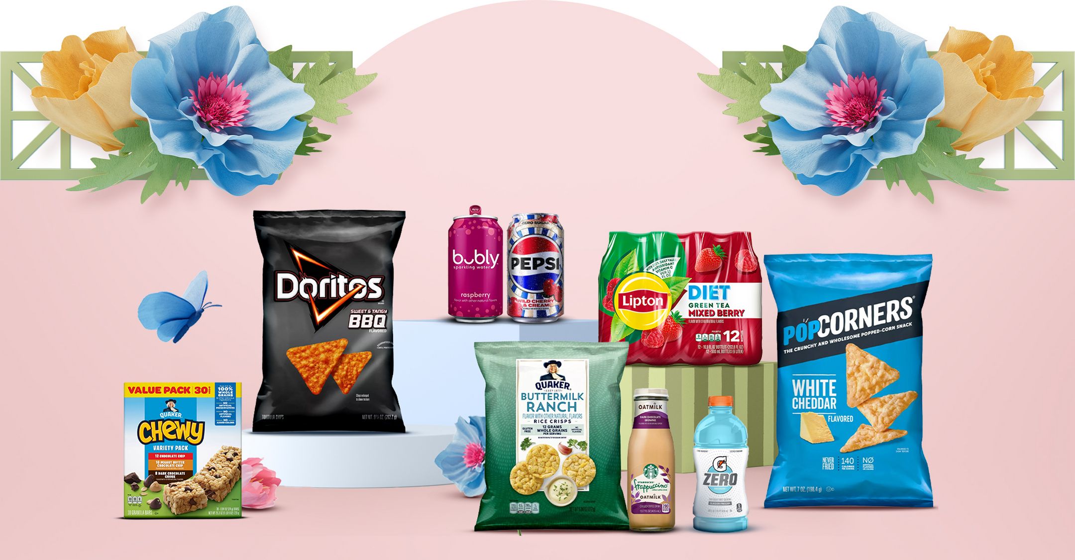 Chewy Variety Pack, Doritos Sweet & Tangy BBQ, bubly Raspberry, Pepsi Wild Cherry & Cream, Quaker Buttermilk Ranch, Lipton Diet Green tea Mixed Berry, Starbucks Frappuccino Oat Milk, Gatorade Zero, PopCorners White Cheddar