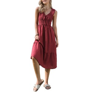 INSPIRE CHIC Women's Sleeveless V Neck Smocked Summer Casual Tiered A-Line Midi Dresses - 1 of 4