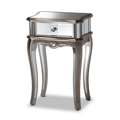 Elgin Brushed Wood and Mirrored Glass 1 Drawer Nightstand Silver/Mirror - Baxton Studio