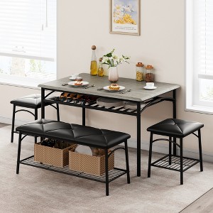 Modern Dining Set for 4, Wood Tabletop, 2 Padded Chairs, 1 Bench, Metel Frame, for Small Spaces, Apartments, Restaurants - 1 of 4