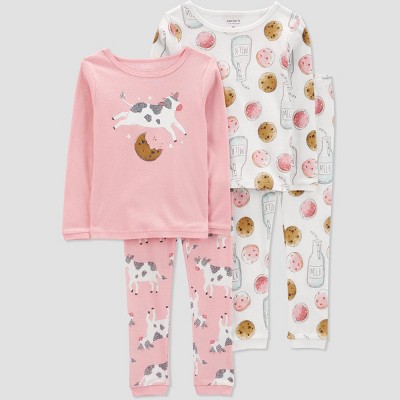 Image of Carter's Just One You® Toddler Girls' 4pc Long Sleeve Cow Pajama Set - Pink/White 5T