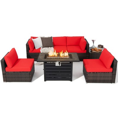 Tangkula 7PCS Patio Rattan Furniture Set 42" Fire Pit Table w/ Cover Cushioned