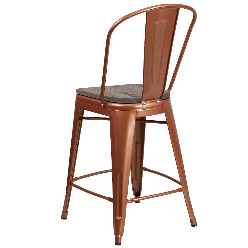 Merrick Lane 24" Metal Indoor-Outdoor Counter Stool with Vertical Slat Back, Integrated Footrest and Wood Seat, 5 of 9