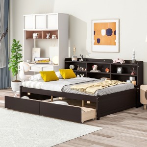 Full Size Bed with Side Bookcase and Drawers for Bedroom - 1 of 4