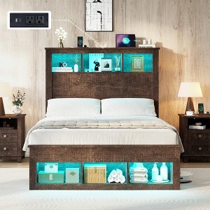 AMERLIFE Bed Frame with Bookcase Storage Headboard, LED Light and Charging Station - 1 of 4