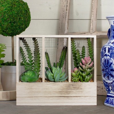 Chic 12" Faux Succulent Garden in Wooden Planter