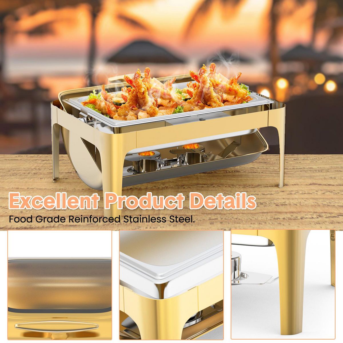 Garvee 9QT Rectangle Stainless Steel Chafing Dish, Catering Food Warmer Server with Visible Lid Water Pan Stand Fuel Holder Clip for Parties Weddings - thumbnail 5