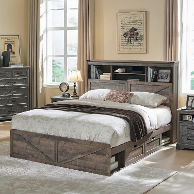 SinCiDo Farmhouse Queen Wood Bed Frame, 52" Tall Headboard with 4 Storage Drawers, LED Light & Charging Station, No Box Spring Needed