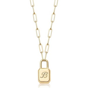 Lock Necklace, 14K Gold Plated Adjustable Paperclip Chain Dainty Lock Pendant Necklace Personalized Engraved Letter Jewelry for Women - 1 of 4