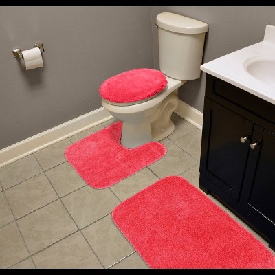 Pink Hibiscus Traditional 3-Piece Washable Nylon Bath Rug Set