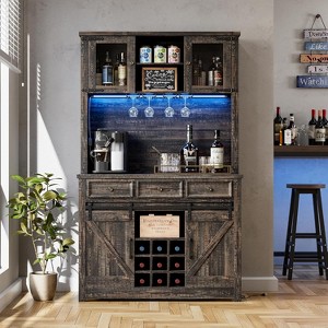 72" Modern Farmhouse Coffee Bar Cabinet with LED Lights - Sliding Barn Doors, Power Outlets & Wine Storage in Rustic Dark Oak - 1 of 4