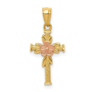 Black Bow Jewelry Children's 14k Yellow & Rose Gold Flower Cross Pendant, 10 x 23mm - 1 of 4