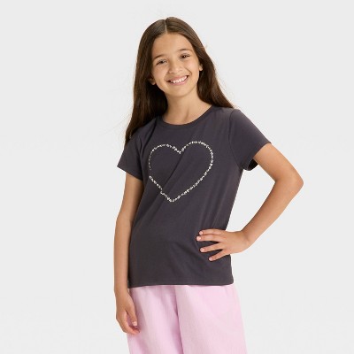 Girls' Short Sleeve Heart Graphic T-Shirt - Cat & Jack™ Charcoal Gray
