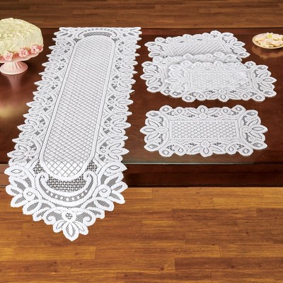 Elegant White Lace 5-Piece Table Runner and Placemat Set