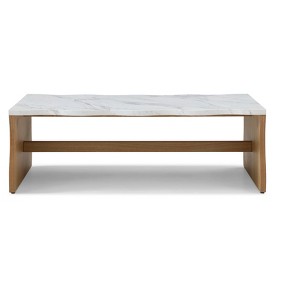TiramisuBest 47.24" Modern Coffee Table, Whisper of Waves Organic Shape with Faux Marble Top & Wood Base,Natural Wood - 1 of 4