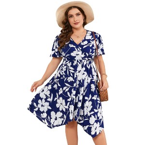 Women's V - Neck Floral Dress with Asymmetric Hem, Short - Sleeve Flowy Midi Dress for Casual & Summer Outings - 1 of 4