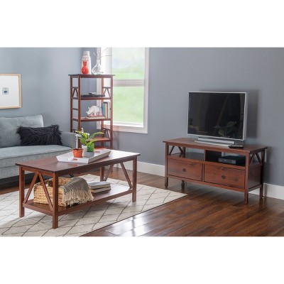 Antique Tobacco Brown Pine TV Stand with Cabinet