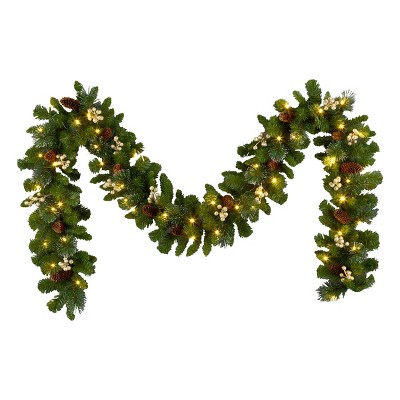 9' Prelit Silver Glitter Bristle Crestwood Spruce Artificial Garland with Gold Berries Warm White Lights - National Tree Company