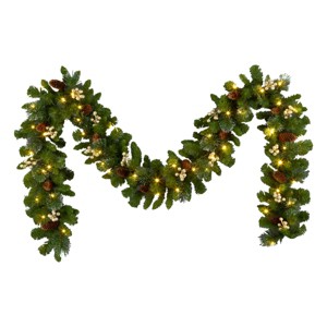 9' Prelit Silver Glitter Bristle Crestwood Spruce Artificial Garland with Gold Berries Warm White Lights - National Tree Company - 1 of 4