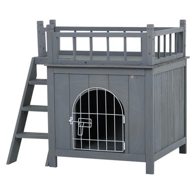 Resenkos Dog House, Pet House,Dog Cave,2-Level Wooden Cat House, Outdoor Dog Shelter Cat Condo with Lockable Wire Door, Natural Wood