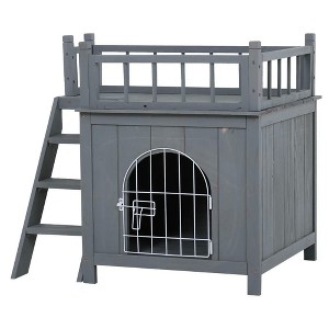 Resenkos Dog House, Pet House,Dog Cave,2-Level Wooden Cat House, Outdoor Dog Shelter Cat Condo with Lockable Wire Door, Natural Wood - 1 of 4