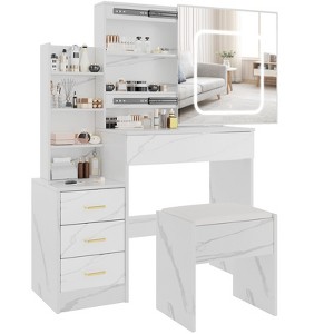 Vanity Desk with Mirror, Makeup Vanity Desk with Sliding Lighted Mirror, Power Outlet, Dressing Table with 4 Drawers, Storage Shelves & Stool - 1 of 4