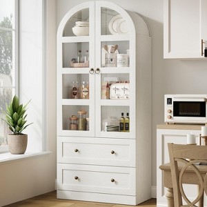 72" Tall Arched Kitchen Pantry Cabinet, Farmhouse Pantry Storage Cabinet with 2 Drawers & Glass Door, Freestanding Versatile Pantry Cabinets - 1 of 4