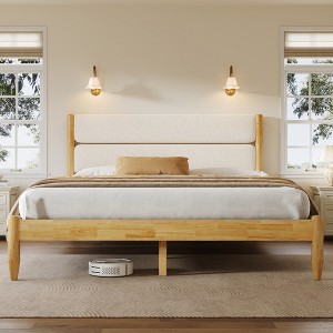 King Size Solid Wood Bed Frame with Upholstered Fleece Headboard, Ivory, Mid-Century Modern Platform Bed, Ivory-- Frevyn - 1 of 4