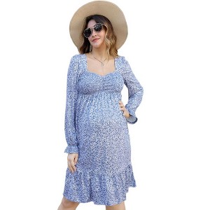 Coolmee Women's Maternity Long Sleeve Dresses Fall Square Neck Smocked Ruffle A Line Flowy Midi Dress - 1 of 4