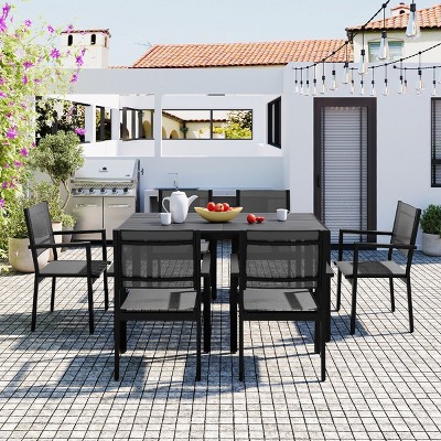 7-Piece Outdoor Dining Set, Steel Frame Armrest Single Dining Chairs with Rectangle Table, Modern Chairs with Plastic Textile–Cuddlewood